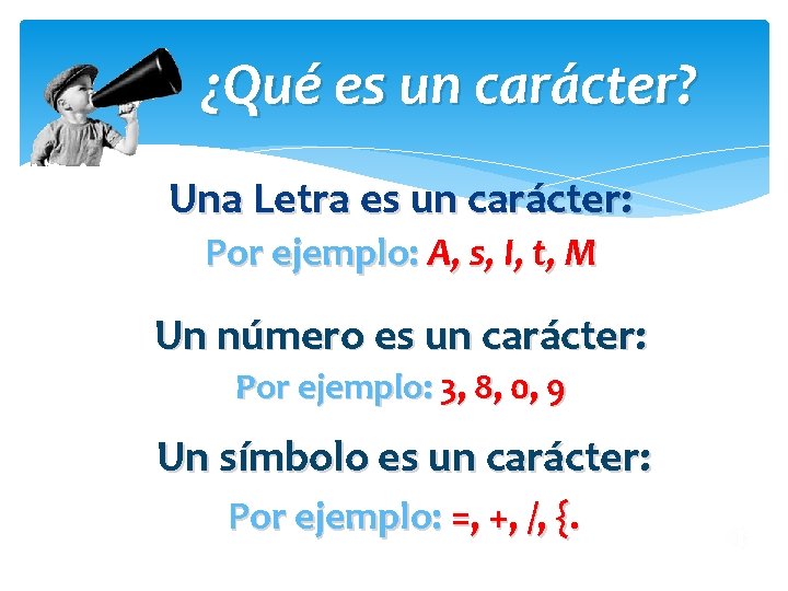 ¿Qué es un carácter? Una Letra es un carácter: Por ejemplo: A, s, I,