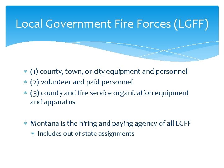 Local Government Fire Forces (LGFF) (1) county, town, or city equipment and personnel (2)