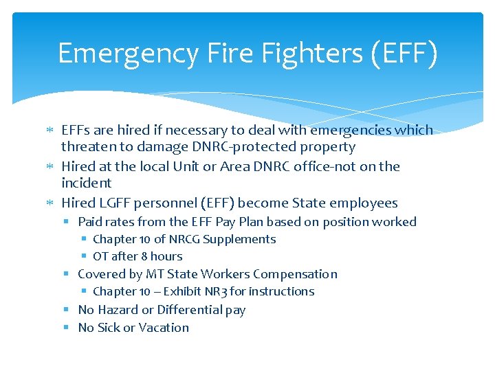 Emergency Fire Fighters (EFF) EFFs are hired if necessary to deal with emergencies which