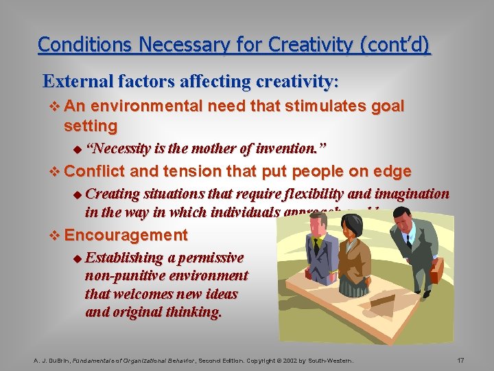 Conditions Necessary for Creativity (cont’d) External factors affecting creativity: v An environmental need that