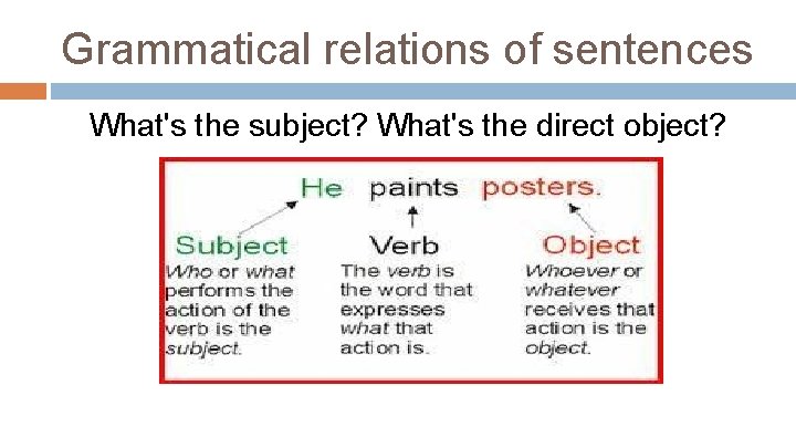 Grammatical relations of sentences What's the subject? What's the direct object? 