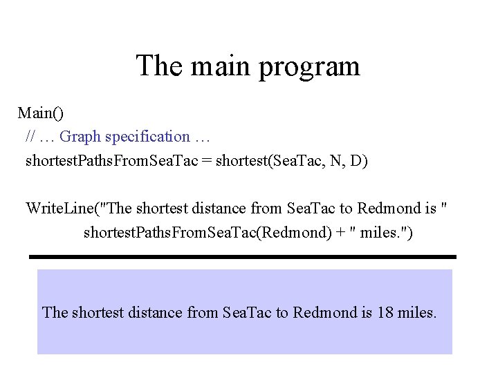 The main program Main() // … Graph specification … shortest. Paths. From. Sea. Tac