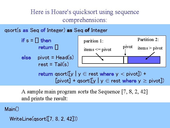 Here is Hoare's quicksort using sequence comprehensions: qsort(s as Seq of Integer) as Seq