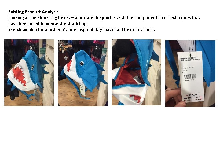 Existing Product Analysis Looking at the Shark Bag below – annotate the photos with