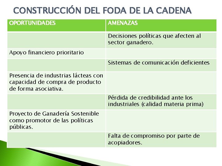CONSTRUCCIÓN DEL FODA DE LA CADENA OPORTUNIDADES AMENAZAS Decisiones políticas que afecten al sector
