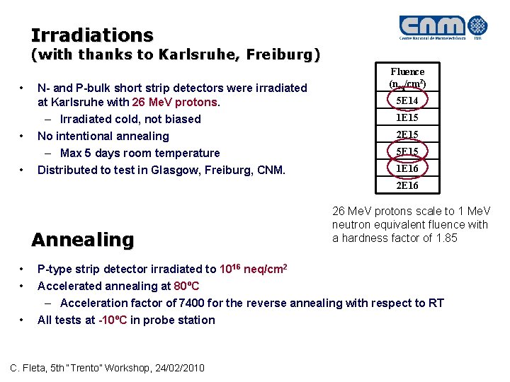 Irradiations (with thanks to Karlsruhe, Freiburg) • • • N- and P-bulk short strip