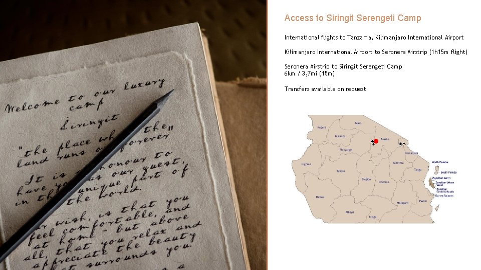 Access to Siringit Serengeti Camp International flights to Tanzania, Kilimanjaro International Airport to Seronera Access to Siringit Serengeti Camp International flights to Tanzania, Kilimanjaro International Airport to Seronera