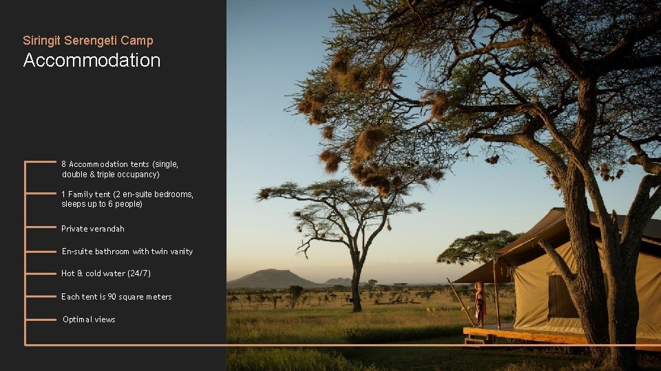 Siringit Serengeti Camp Accommodation 8 Accommodation tents (single, double & triple occupancy) 1 Family Siringit Serengeti Camp Accommodation 8 Accommodation tents (single, double & triple occupancy) 1 Family
