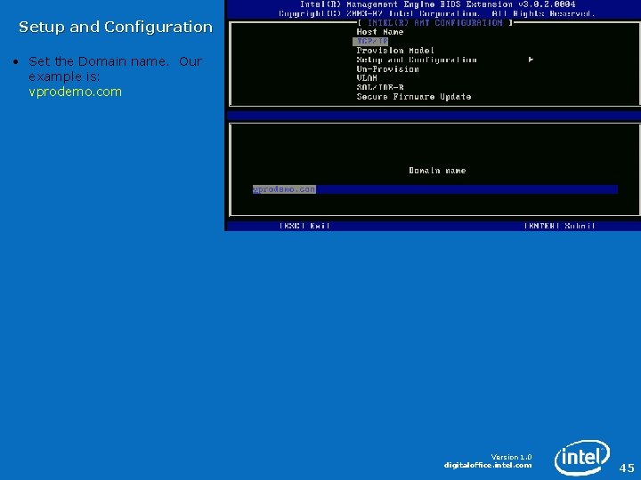 Setup and Configuration • Set the Domain name. Our example is: vprodemo. com Version