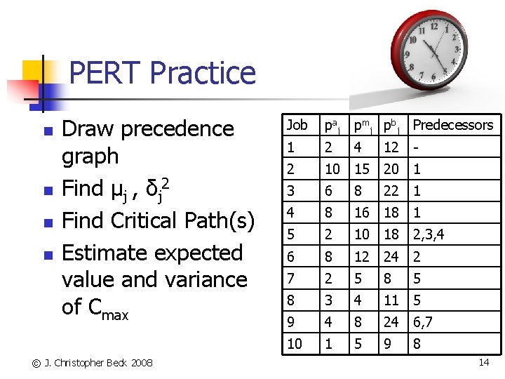 PERT Practice n n Draw precedence graph Find μj , δj 2 Find Critical