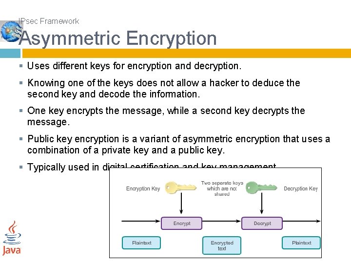IPsec Framework Asymmetric Encryption § Uses different keys for encryption and decryption. § Knowing