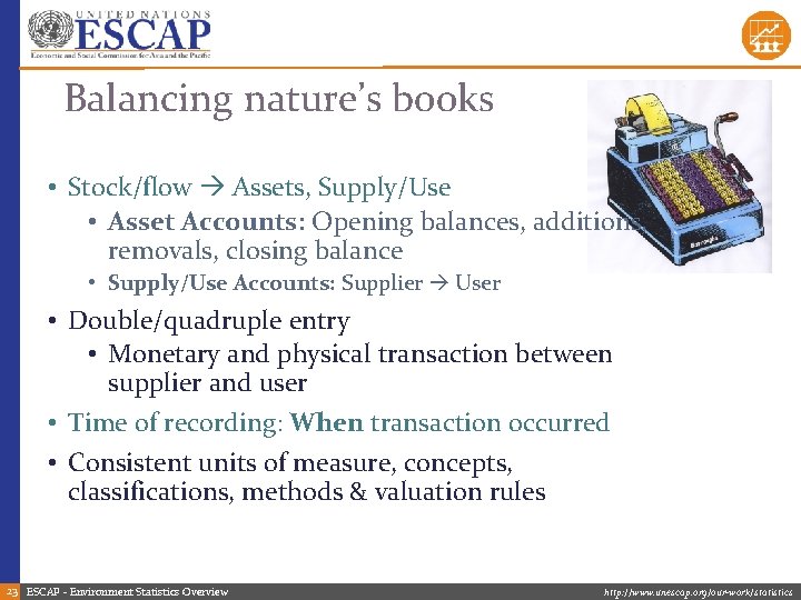 Balancing nature’s books • Stock/flow Assets, Supply/Use • Asset Accounts: Opening balances, additions, removals,