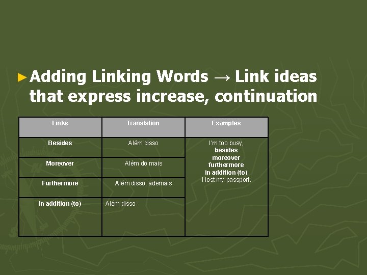 ► Adding Linking Words → Link ideas that express increase, continuation Links Translation Examples