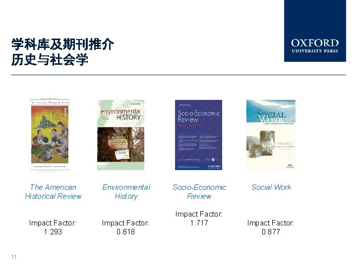 学科库及期刊推介 历史与社会学 The American Historical Review Impact Factor: 1. 293 11 Environmental History Impact