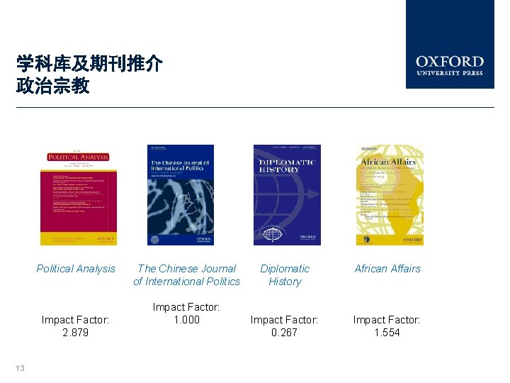 学科库及期刊推介 政治宗教 Political Analysis Impact Factor: 2. 879 13 The Chinese Journal of International