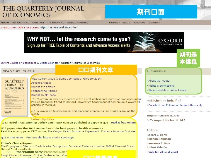 期刊�面 期刊基 本信息 ��期刊文章 33 Presentation name Presenter Name and Date 