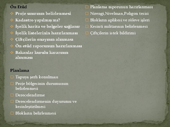 Ön Etüd � Planlama raporunun hazırlanması v Proje sınırının belirlenmesi � Nirengi, Nivelman, Poligon