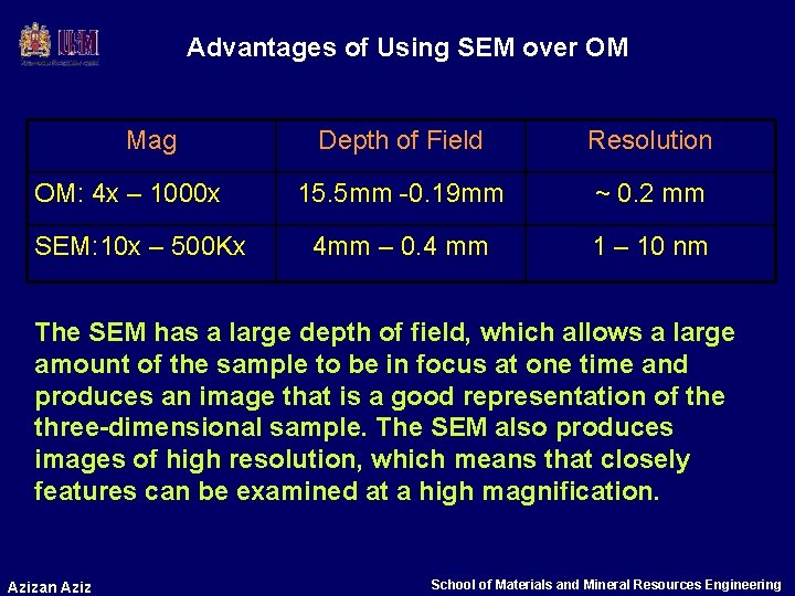 Advantages of Using SEM over OM Mag OM: 4 x – 1000 x SEM: