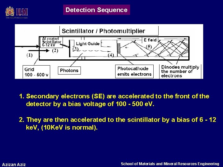 Detection Sequence 1. Secondary electrons (SE) are accelerated to the front of the detector