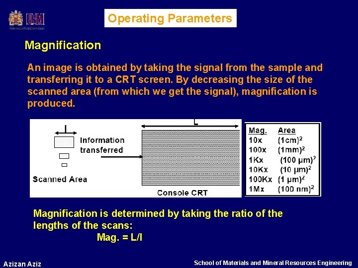 Operating Parameters Magnification An image is obtained by taking the signal from the sample