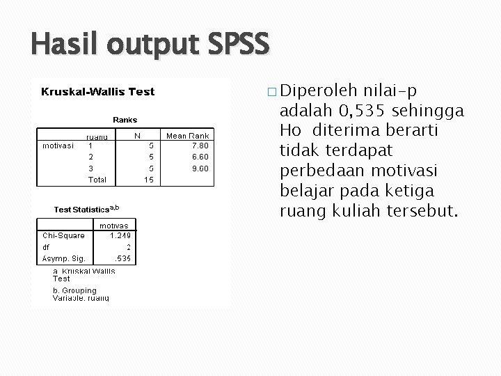 Hasil output SPSS � Diperoleh nilai-p adalah 0, 535 sehingga Ho diterima berarti tidak