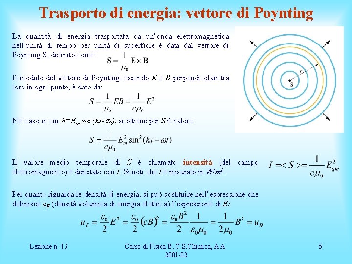 Trasporto di energia: vettore di Poynting La quantità di energia trasportata da un’onda elettromagnetica