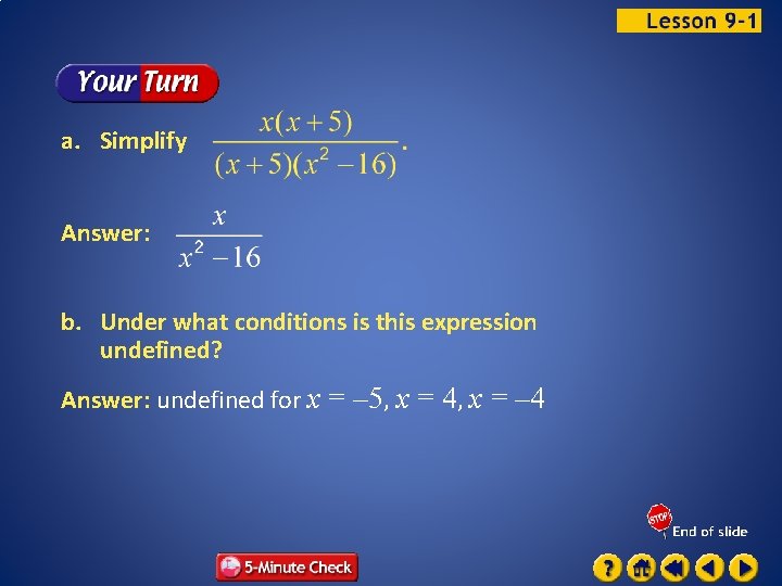a. Simplify Answer: b. Under what conditions is this expression undefined? Answer: undefined for