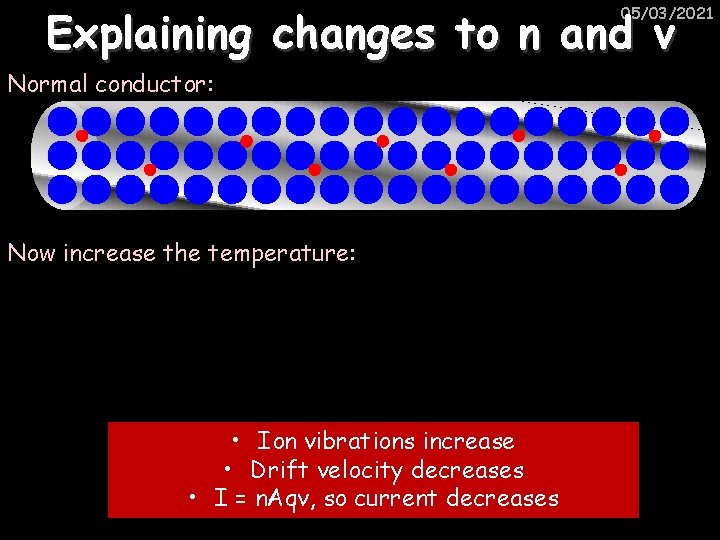 Explaining changes to n and v 05/03/2021 Normal conductor: Now increase the temperature: •