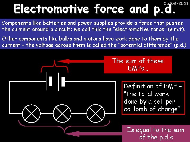 Electromotive force and p. d. 05/03/2021 Components like batteries and power supplies provide a