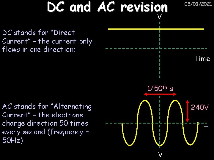 DC and AC revision 05/03/2021 V DC stands for “Direct Current” – the current