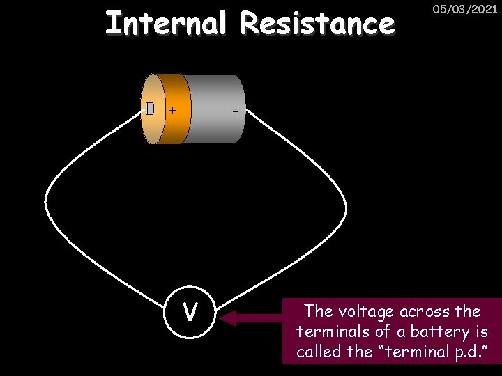 Internal Resistance + 05/03/2021 - V The voltage across the terminals of a battery