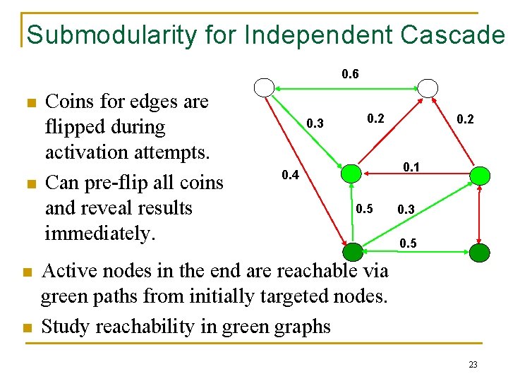 Submodularity for Independent Cascade 0. 6 n n Coins for edges are flipped during
