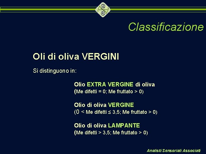 Classificazione Oli di oliva VERGINI Si distinguono in: Olio EXTRA VERGINE di oliva (Me