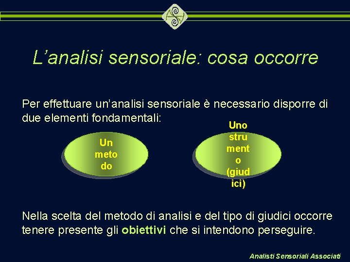 L’analisi sensoriale: cosa occorre Per effettuare un’analisi sensoriale è necessario disporre di due elementi