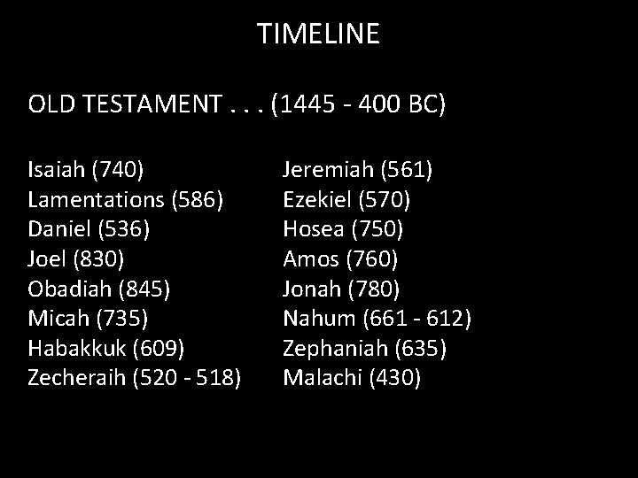 TIMELINE OLD TESTAMENT. . . (1445 - 400 BC) Isaiah (740) Lamentations (586) Daniel