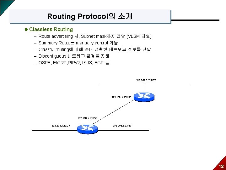 Routing Protocol의 소개 l Classless Routing – – – Route advertising 시, Subnet mask까지