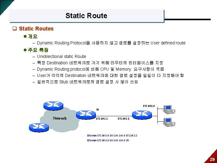 Static Route q Static Routes l 개요 – Dynamic Routing Protocol을 사용하지 않고 경로를