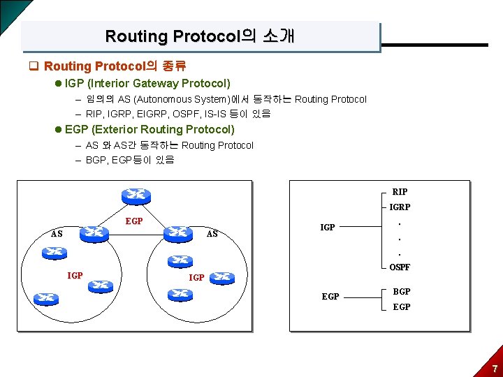 Routing Protocol의 소개 q Routing Protocol의 종류 l IGP (Interior Gateway Protocol) – 임의의