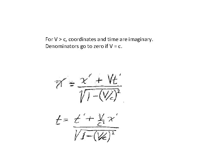 For V > c, coordinates and time are imaginary. Denominators go to zero if