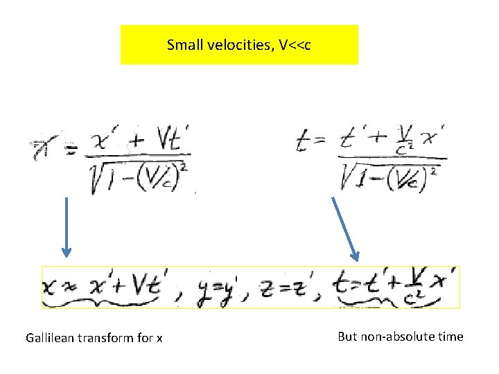 Small velocities, V<<c Gallilean transform for x But non-absolute time 