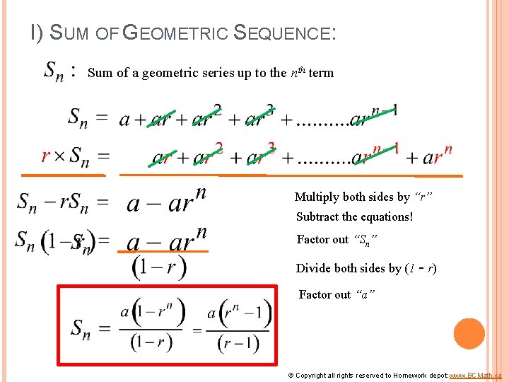 I) SUM OF GEOMETRIC SEQUENCE: Sum of a geometric series up to the nth