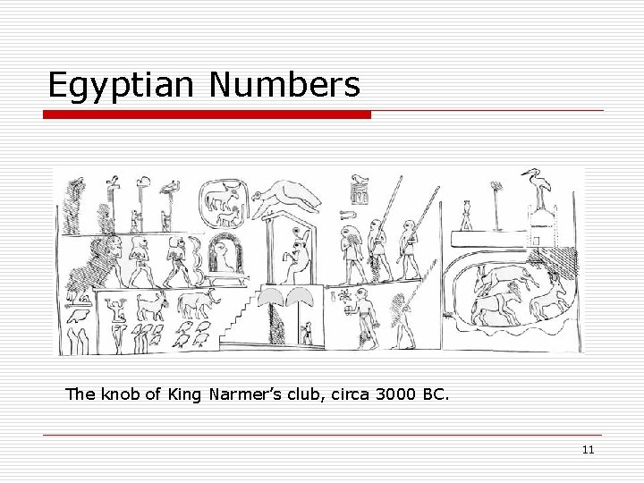 Egyptian Numbers The knob of King Narmer’s club, circa 3000 BC. 11 