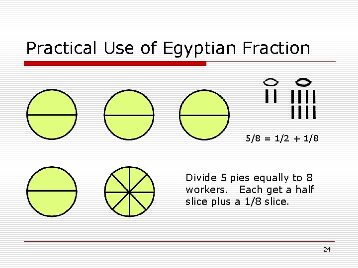 Practical Use of Egyptian Fraction 5/8 = 1/2 + 1/8 Divide 5 pies equally