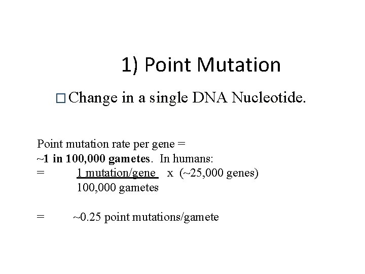 1) Point Mutation � Change in a single DNA Nucleotide. Point mutation rate per