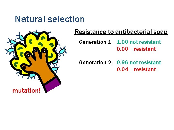 Natural selection Resistance to antibacterial soap Generation 1: 1. 00 not resistant 0. 00