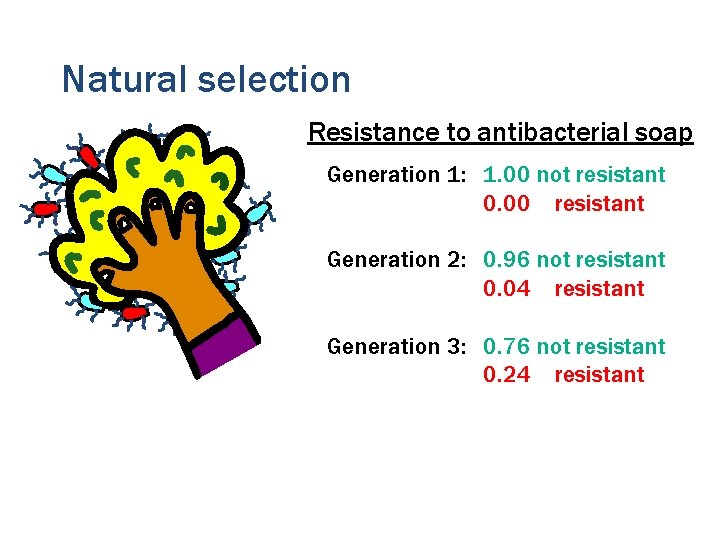 Natural selection Resistance to antibacterial soap Generation 1: 1. 00 not resistant 0. 00