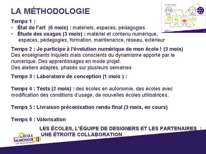 LA MÉTHODOLOGIE Temps 1 : • État de l’art (6 mois) : matériels, espaces,