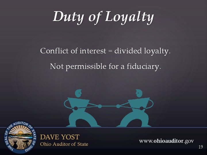 Duty of Loyalty Conflict of interest = divided loyalty. Not permissible for a fiduciary.