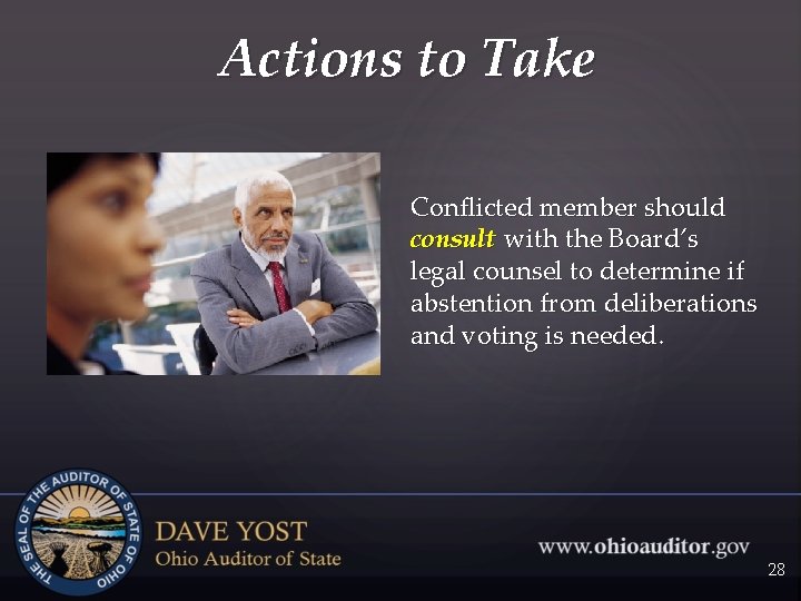 Actions to Take Conflicted member should consult with the Board’s legal counsel to determine