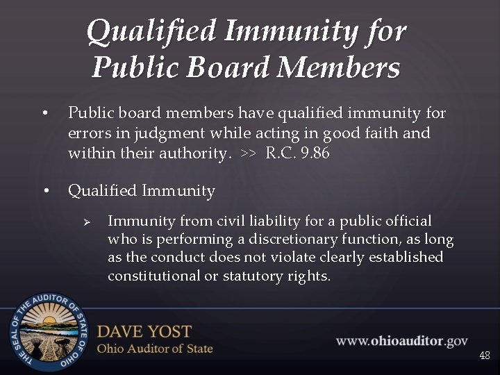 Qualified Immunity for Public Board Members • Public board members have qualified immunity for